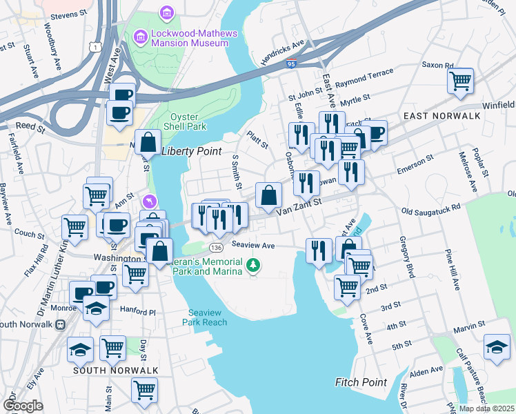 map of restaurants, bars, coffee shops, grocery stores, and more near 7 Van Zant Street in Norwalk