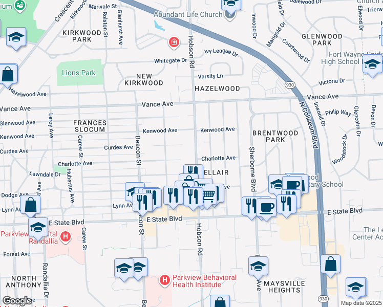 map of restaurants, bars, coffee shops, grocery stores, and more near 2711 Hobson Road in Fort Wayne