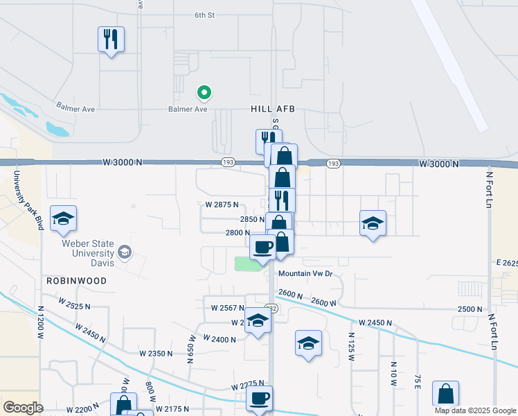 map of restaurants, bars, coffee shops, grocery stores, and more near 2901 North Hill Field Road in Layton