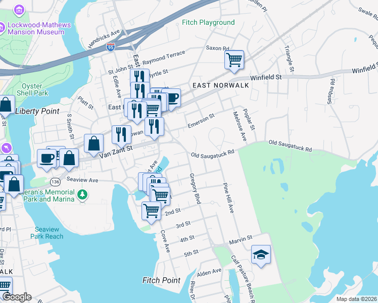 map of restaurants, bars, coffee shops, grocery stores, and more near in Norwalk