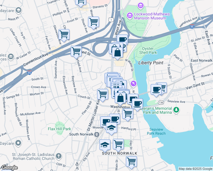 map of restaurants, bars, coffee shops, grocery stores, and more near 22 Doctor Martin Luther King Junior Drive in Norwalk