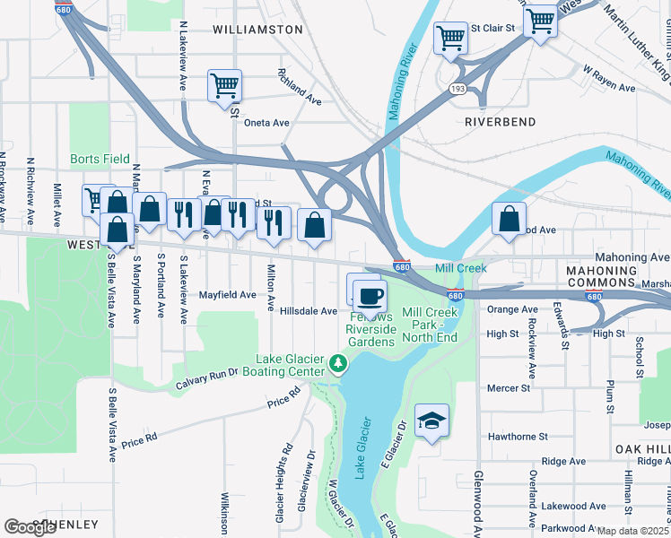 map of restaurants, bars, coffee shops, grocery stores, and more near 1429 Mahoning Avenue in Youngstown