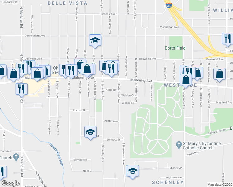 map of restaurants, bars, coffee shops, grocery stores, and more near 2623 Alma Court in Youngstown