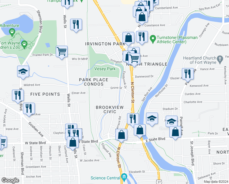 map of restaurants, bars, coffee shops, grocery stores, and more near 2800 Westbrook Drive in Fort Wayne
