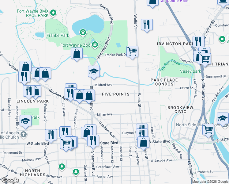 map of restaurants, bars, coffee shops, grocery stores, and more near 616 Elmer Avenue in Fort Wayne