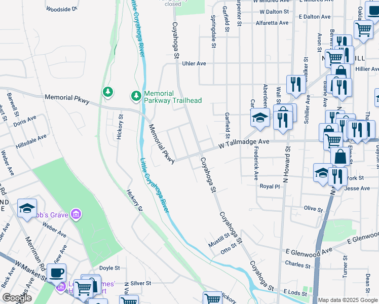 map of restaurants, bars, coffee shops, grocery stores, and more near 229 Memorial Parkway in Akron