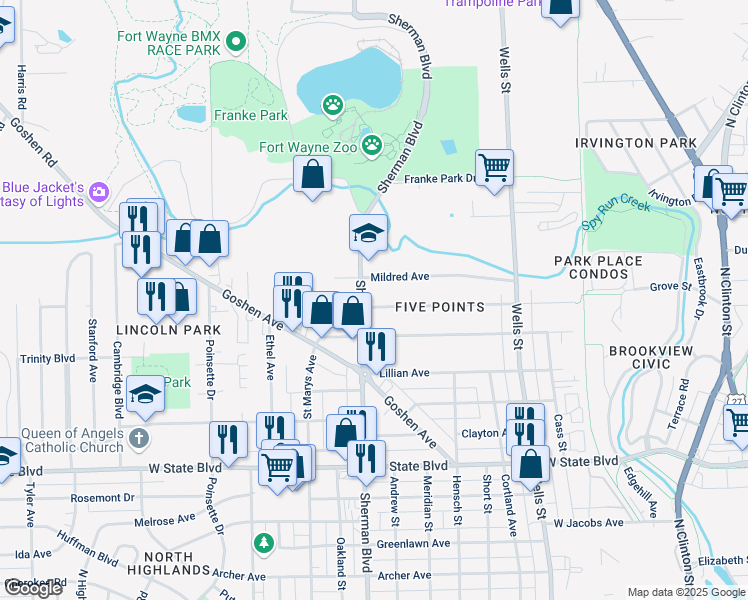 map of restaurants, bars, coffee shops, grocery stores, and more near 820 Elmer Avenue in Fort Wayne