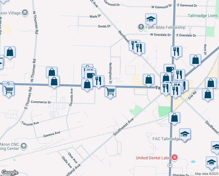 map of restaurants, bars, coffee shops, grocery stores, and more near 205 Ohio 261 in Tallmadge