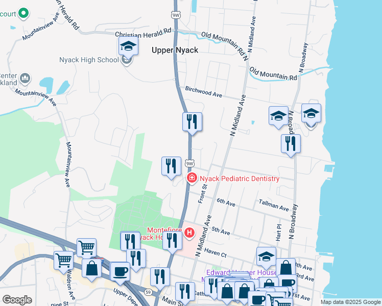 map of restaurants, bars, coffee shops, grocery stores, and more near 315 Route 9W in Nyack