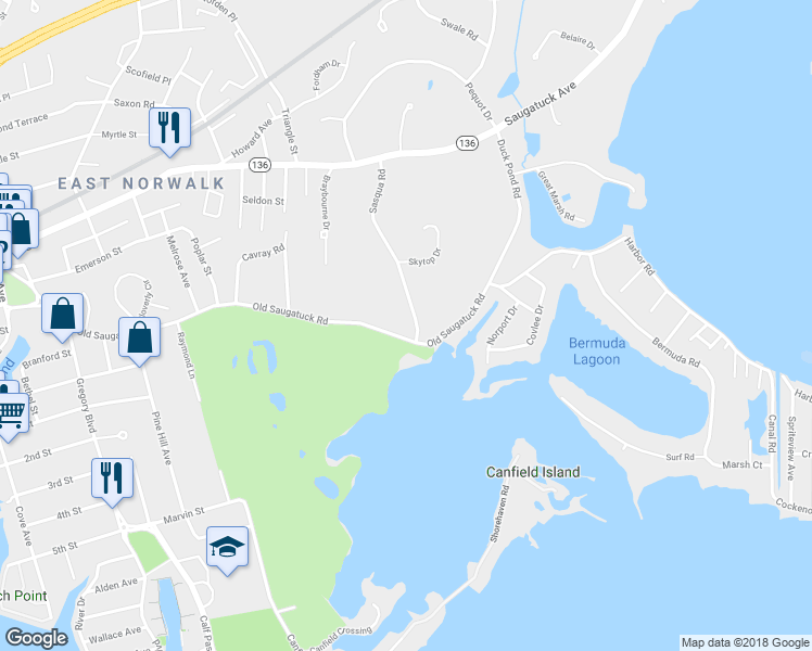 map of restaurants, bars, coffee shops, grocery stores, and more near 1 Sasqua Road in Norwalk