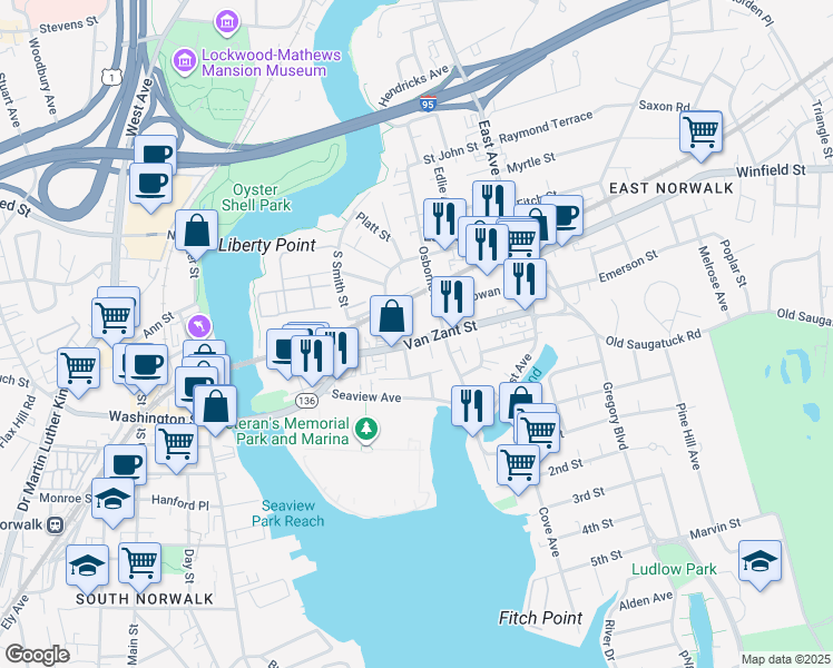 map of restaurants, bars, coffee shops, grocery stores, and more near 25 Van Zant Street in Norwalk