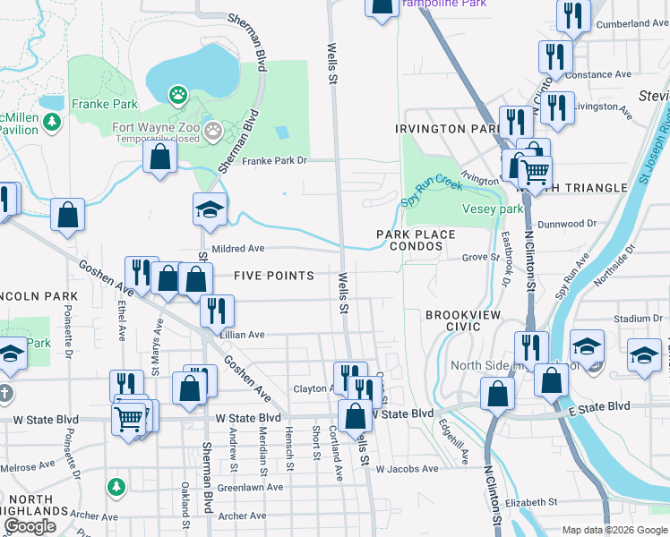 map of restaurants, bars, coffee shops, grocery stores, and more near 2801 North Wells Street in Fort Wayne