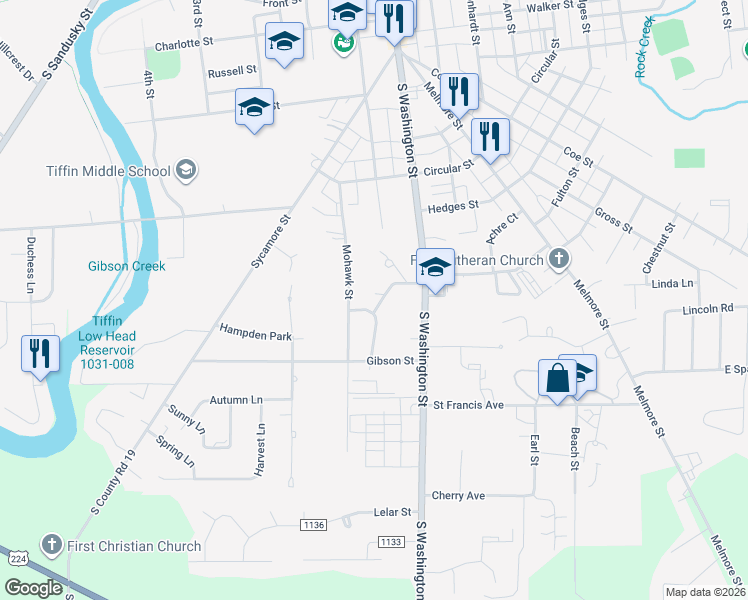 map of restaurants, bars, coffee shops, grocery stores, and more near 60 Indian Lane in Tiffin