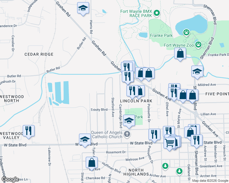 map of restaurants, bars, coffee shops, grocery stores, and more near 2816 Stanford Avenue in Fort Wayne