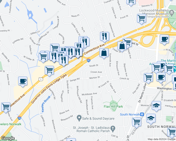 map of restaurants, bars, coffee shops, grocery stores, and more near 32 Crown Ave in Norwalk