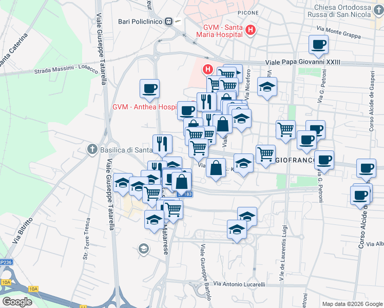 map of restaurants, bars, coffee shops, grocery stores, and more near 43 Via Camillo Rosalba in Bari