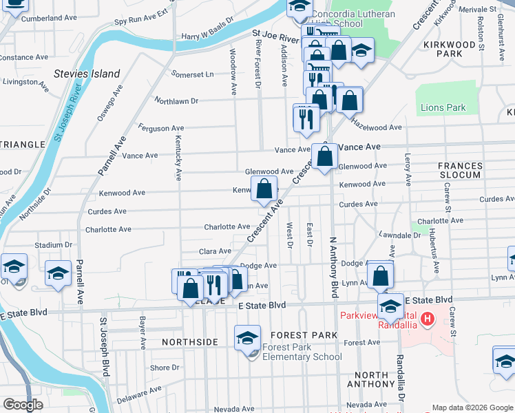 map of restaurants, bars, coffee shops, grocery stores, and more near 1435 Curdes Ave in Fort Wayne