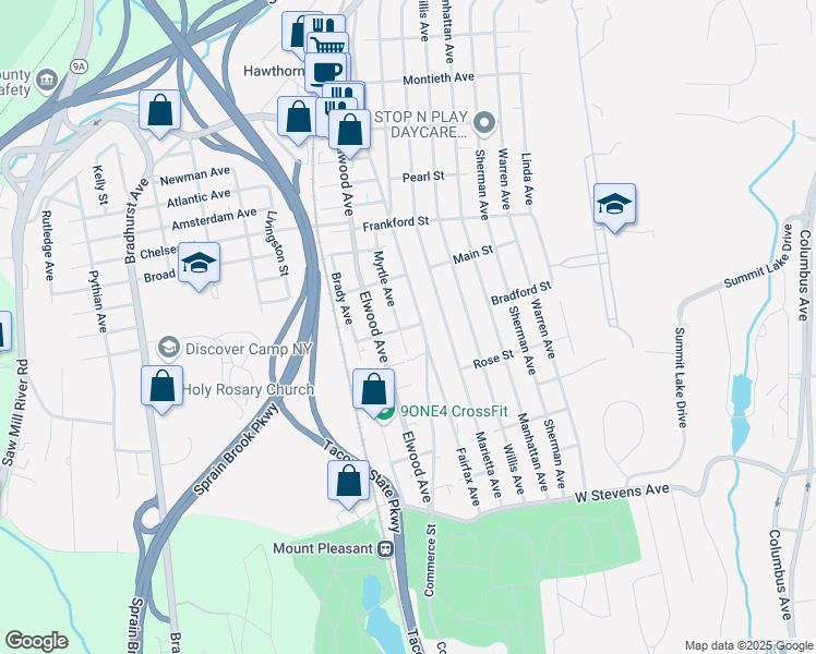 map of restaurants, bars, coffee shops, grocery stores, and more near 33 Bradford Street in Hawthorne