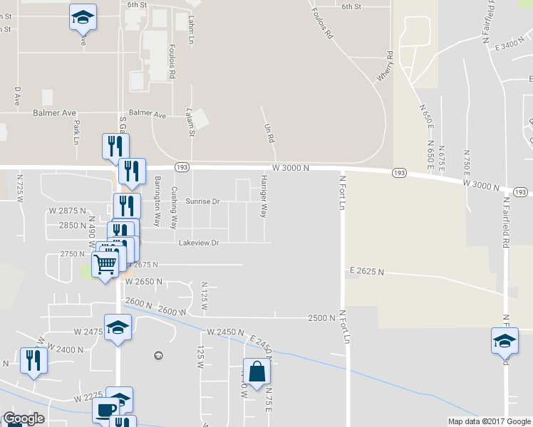 map of restaurants, bars, coffee shops, grocery stores, and more near 328 Harriger Way in Layton