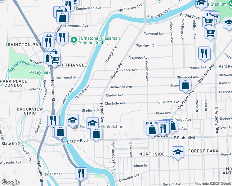 map of restaurants, bars, coffee shops, grocery stores, and more near 811 Curdes Ave in Fort Wayne