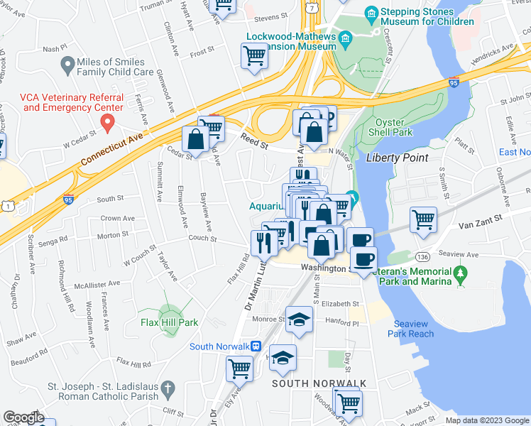 map of restaurants, bars, coffee shops, grocery stores, and more near 28 Doctor Martin Luther King Junior Drive in Norwalk