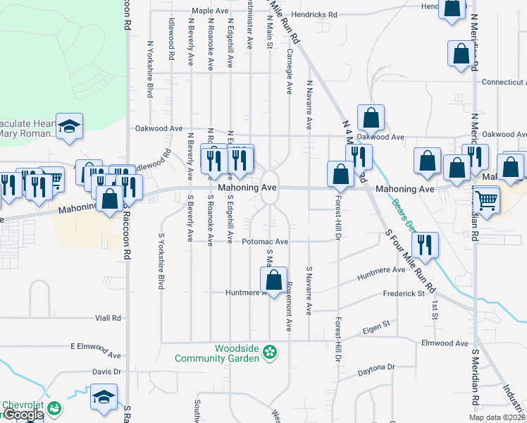 map of restaurants, bars, coffee shops, grocery stores, and more near 35 Parkgate Avenue in Youngstown