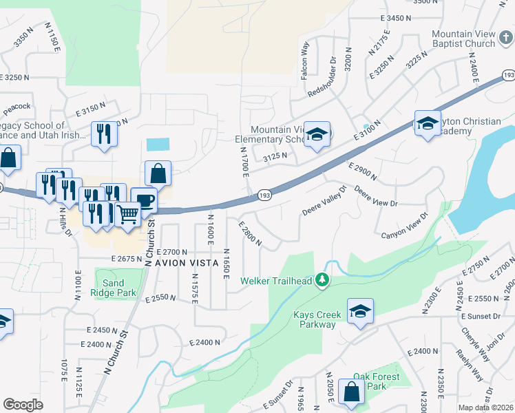 map of restaurants, bars, coffee shops, grocery stores, and more near 1785 East 2825 North in Layton