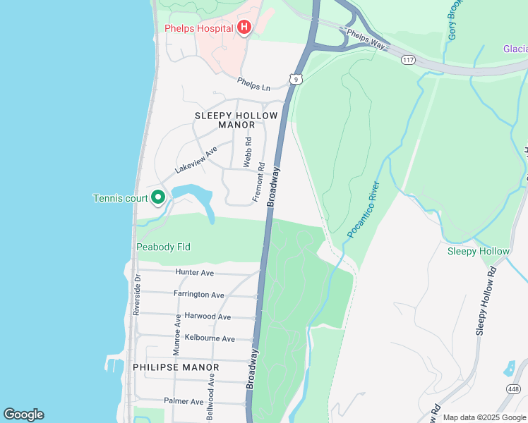 map of restaurants, bars, coffee shops, grocery stores, and more near 601 North Broadway in Sleepy Hollow