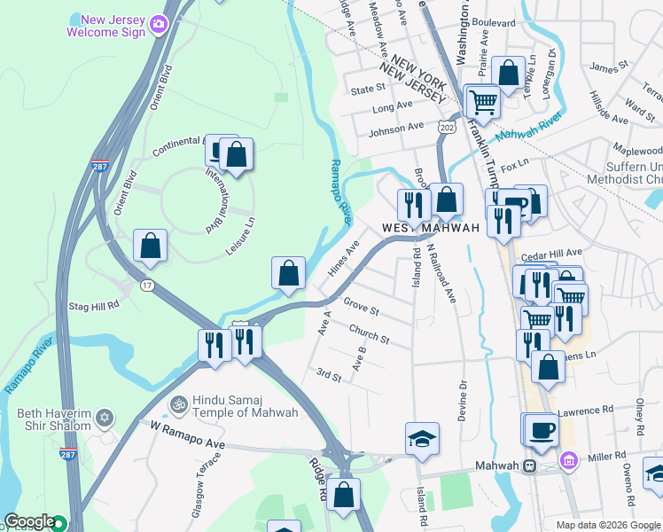 map of restaurants, bars, coffee shops, grocery stores, and more near 32 Hines Avenue in Mahwah