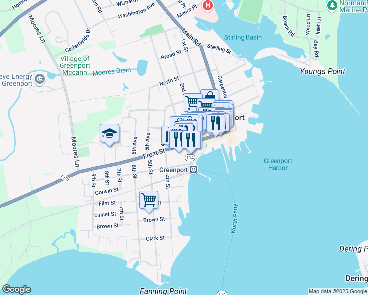 map of restaurants, bars, coffee shops, grocery stores, and more near 137 3rd Street in Greenport