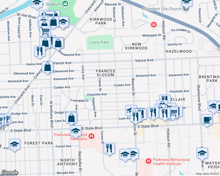 map of restaurants, bars, coffee shops, grocery stores, and more near 2506 Curdes Avenue in Fort Wayne