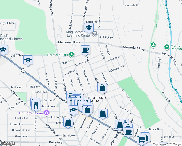 map of restaurants, bars, coffee shops, grocery stores, and more near 344 Merriman Road in Akron