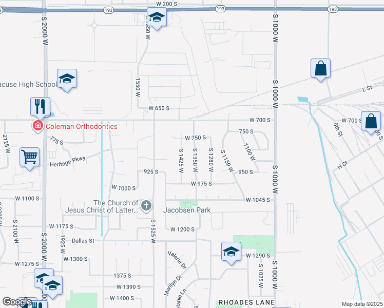 map of restaurants, bars, coffee shops, grocery stores, and more near 817 South 1350 West in Clearfield