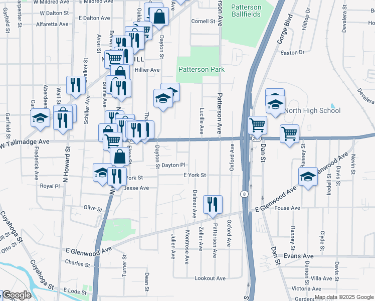 map of restaurants, bars, coffee shops, grocery stores, and more near 269 Luedella Court in Akron