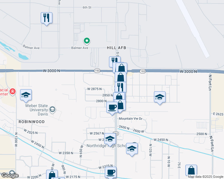 map of restaurants, bars, coffee shops, grocery stores, and more near 2901 North Hill Field Road in Layton