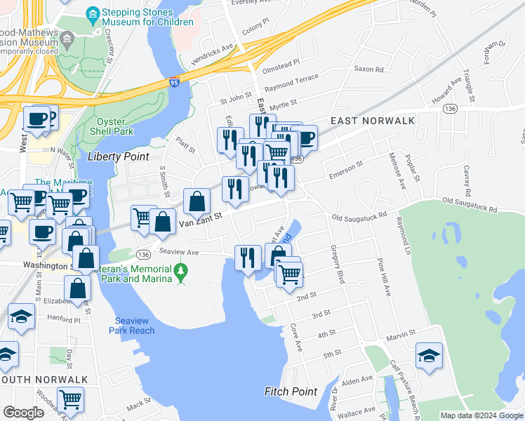 map of restaurants, bars, coffee shops, grocery stores, and more near 54 Van Zant Street in Norwalk