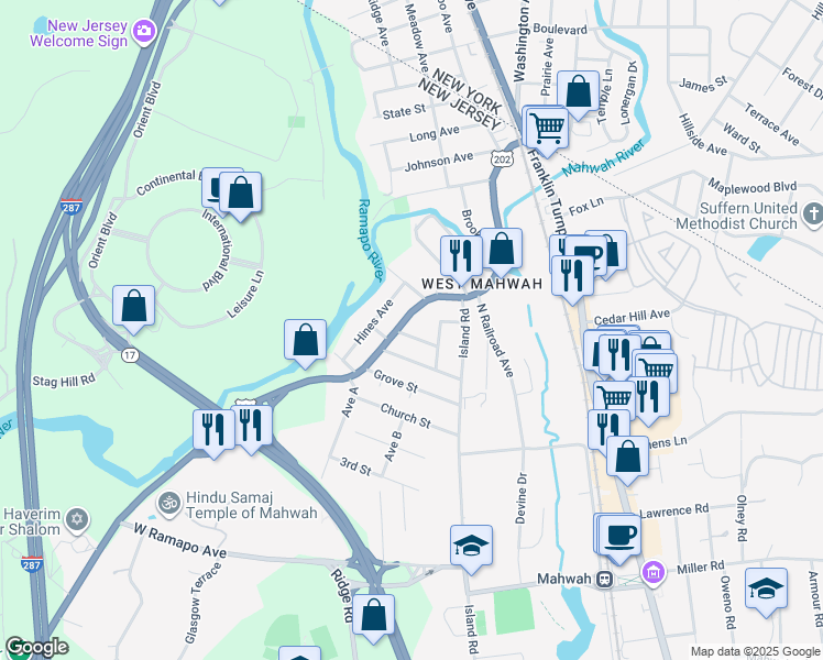 map of restaurants, bars, coffee shops, grocery stores, and more near 120 Wilmuth Street in Mahwah
