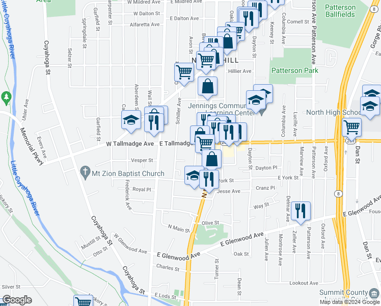 map of restaurants, bars, coffee shops, grocery stores, and more near 57 Leila Street in Akron