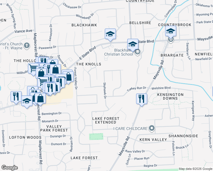 map of restaurants, bars, coffee shops, grocery stores, and more near 2202 Skyhawk Drive in Fort Wayne