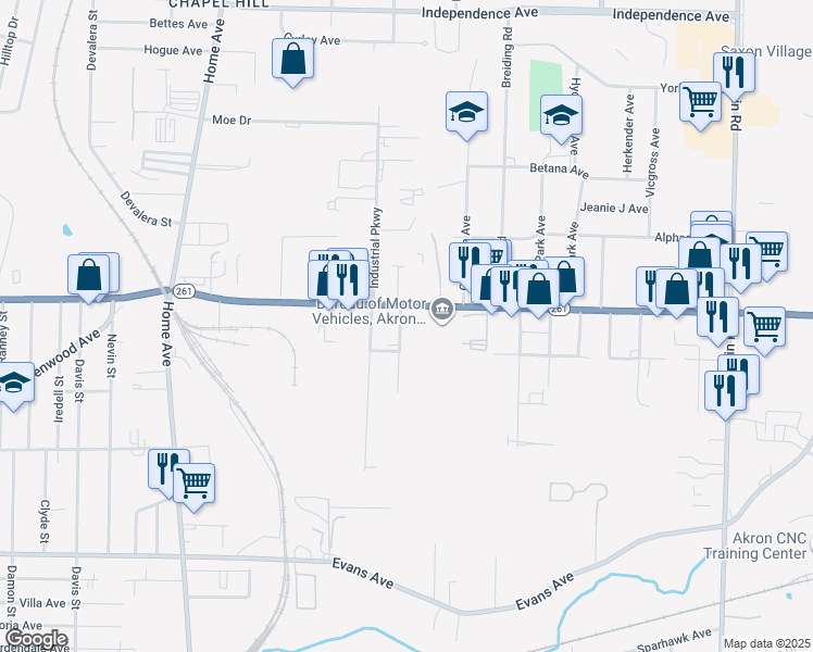 map of restaurants, bars, coffee shops, grocery stores, and more near 1371 Sorin Avenue in Akron