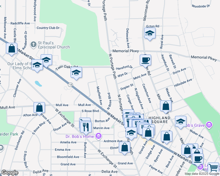 map of restaurants, bars, coffee shops, grocery stores, and more near 99 North Rose Boulevard in Akron