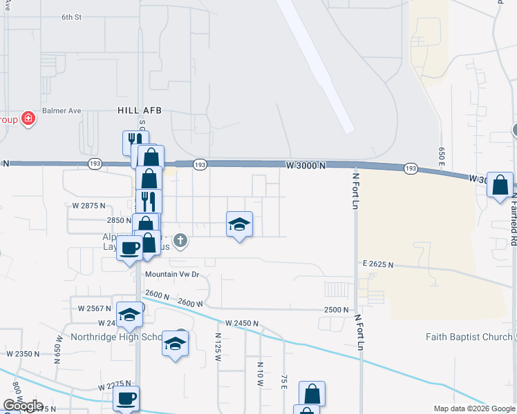 map of restaurants, bars, coffee shops, grocery stores, and more near 272 Mindella Way in Layton