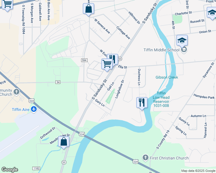 map of restaurants, bars, coffee shops, grocery stores, and more near 84 Gail Lane in Tiffin
