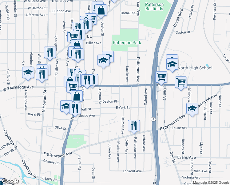 map of restaurants, bars, coffee shops, grocery stores, and more near 269 Luedella Court in Akron