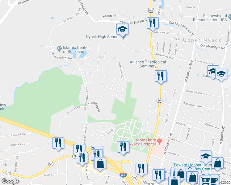 map of restaurants, bars, coffee shops, grocery stores, and more near 451 Sierra Vista Lane in Valley Cottage