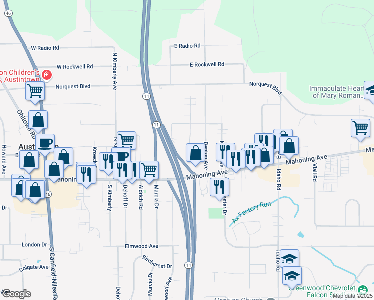 map of restaurants, bars, coffee shops, grocery stores, and more near 42 Atlanta Avenue in Youngstown