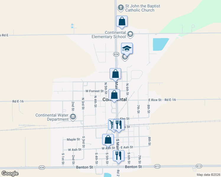 map of restaurants, bars, coffee shops, grocery stores, and more near 106 West Forrest Street in Continental