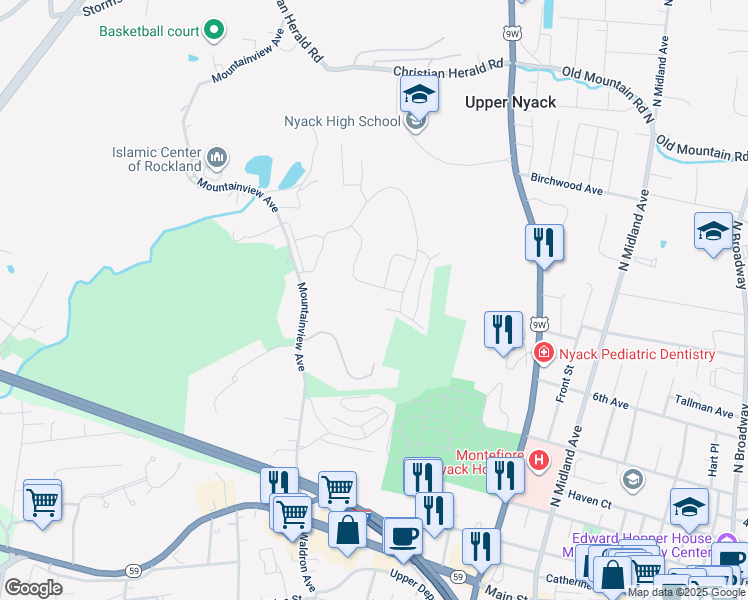 map of restaurants, bars, coffee shops, grocery stores, and more near 221 Mountainview Ave in Nyack