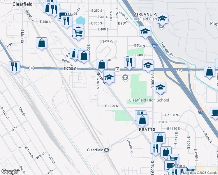 map of restaurants, bars, coffee shops, grocery stores, and more near 835 South State Street in Clearfield