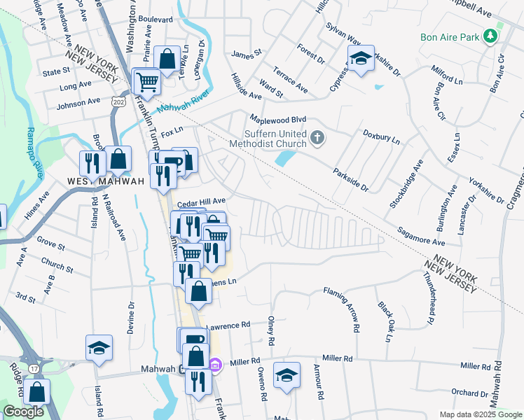 map of restaurants, bars, coffee shops, grocery stores, and more near 2032 Charles Court in Mahwah